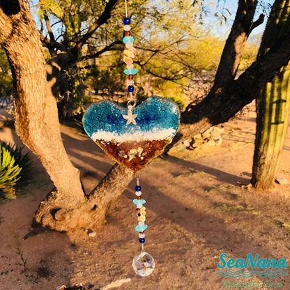 Ocean-Heart-Beach Suncatcher-Turquoise-Starfish-Seashells-Glass-Prism
